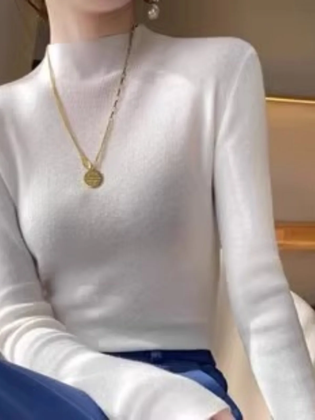 

White Long Sleeve Knitted Sweater Half High Collar Slim Fit Inner Wear Base Top for Autumn Winter Women's Fashion Korean Style