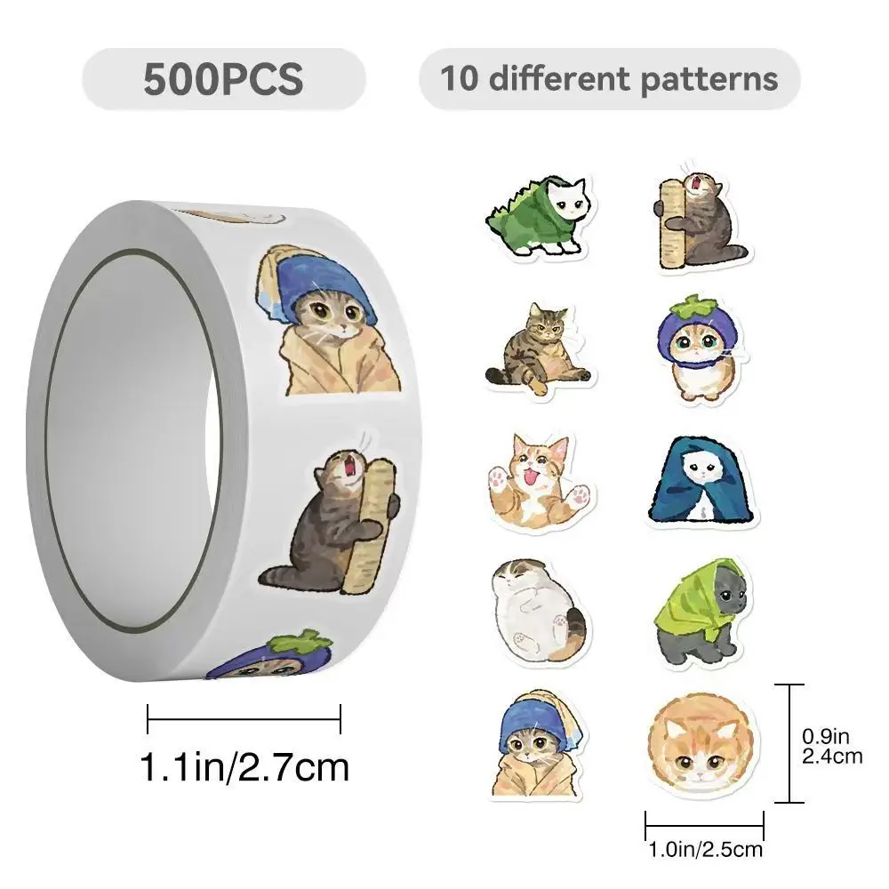 500 Stück süße lockige Katzen-Aufkleber, hochwertige Cartoon-Persönlichkeit, Kätzchen, Graffiti, dekorative Notizbuch-Aufkleber, Kawaii