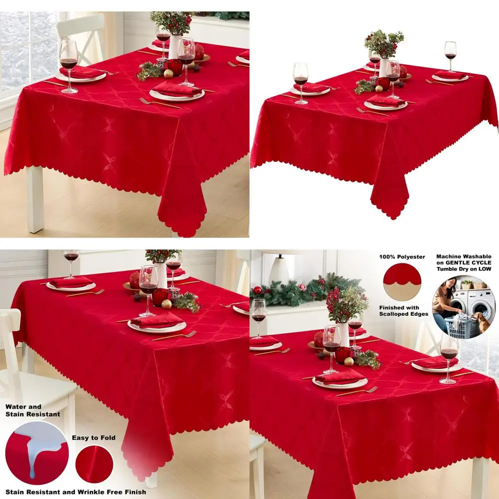 

Red Holiday 60x144 Damask Tablecloth with Ribbons & Bows, Wrinkle and Stain Resistant
