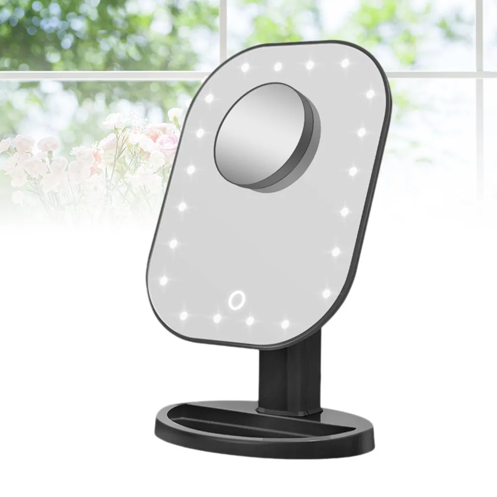 

Зеркало для макияжа со светодиодной подсветкой, 10-кратное увеличение, 20 лампочек, перезаряжаемое через USB, сенсорное управление, складная подставка, функция памяти времени