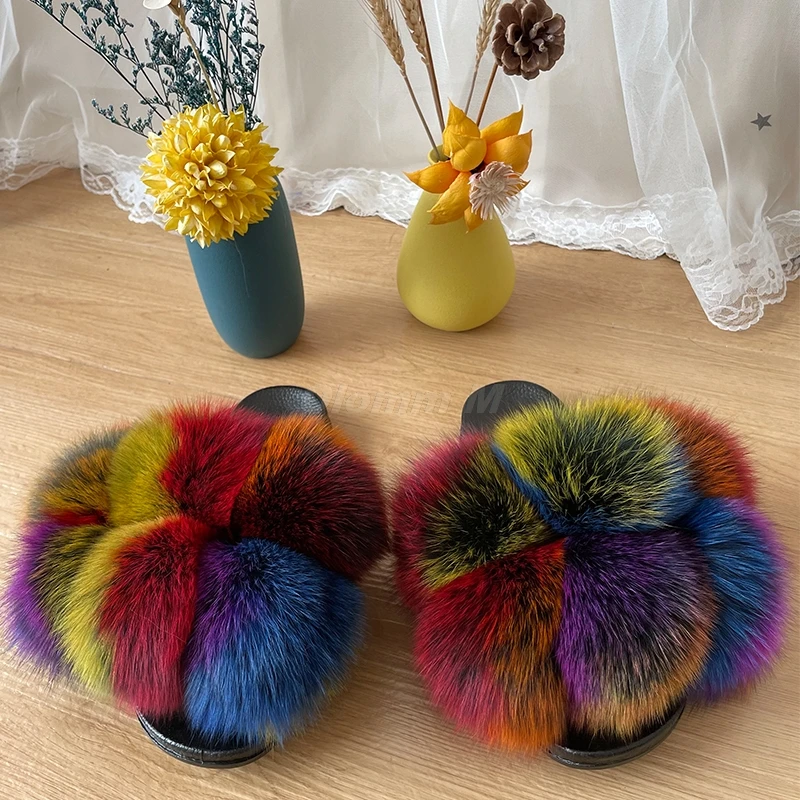 Women Summer Real Fox Fur Slides Women Non-slip Fluffy Fur Slippers Women Furry Slippers Ladies Cute Plush Fox Hair Slippers Hot