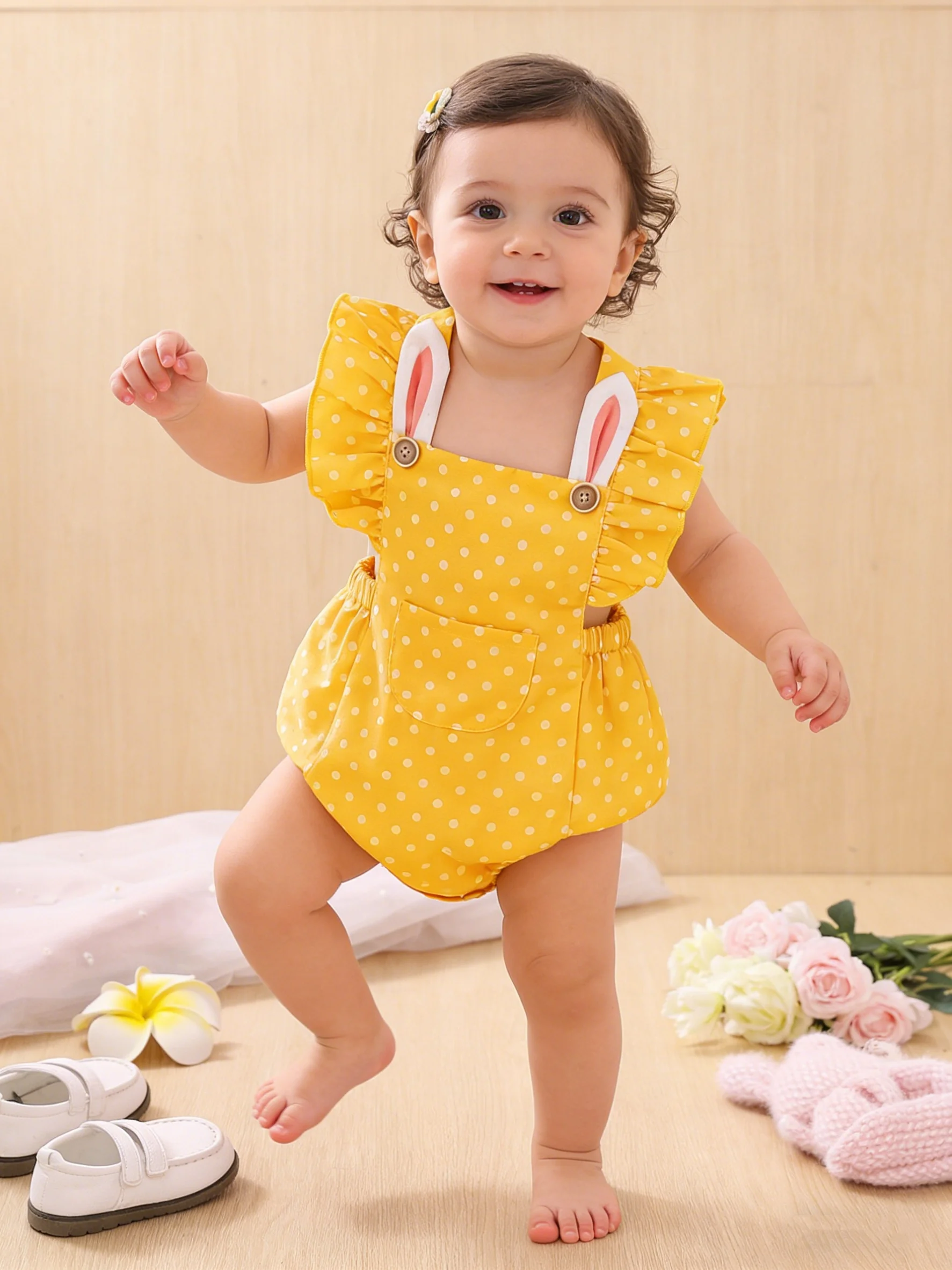 Summer Newborn Baby Yellow Polka Dot Rabbit Ear Bottom Feeding Romper Infant Clothing with Ear Head Cover Baby Romper