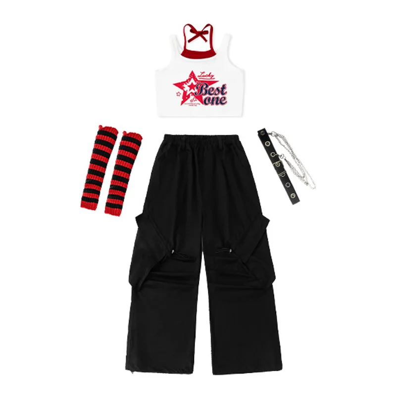 Girls Street Dance Clothes Fashion Short Sleeve Tops Baggy Pants Cheerleading Dance Performance Costume Kids Group Hip Hop Suit