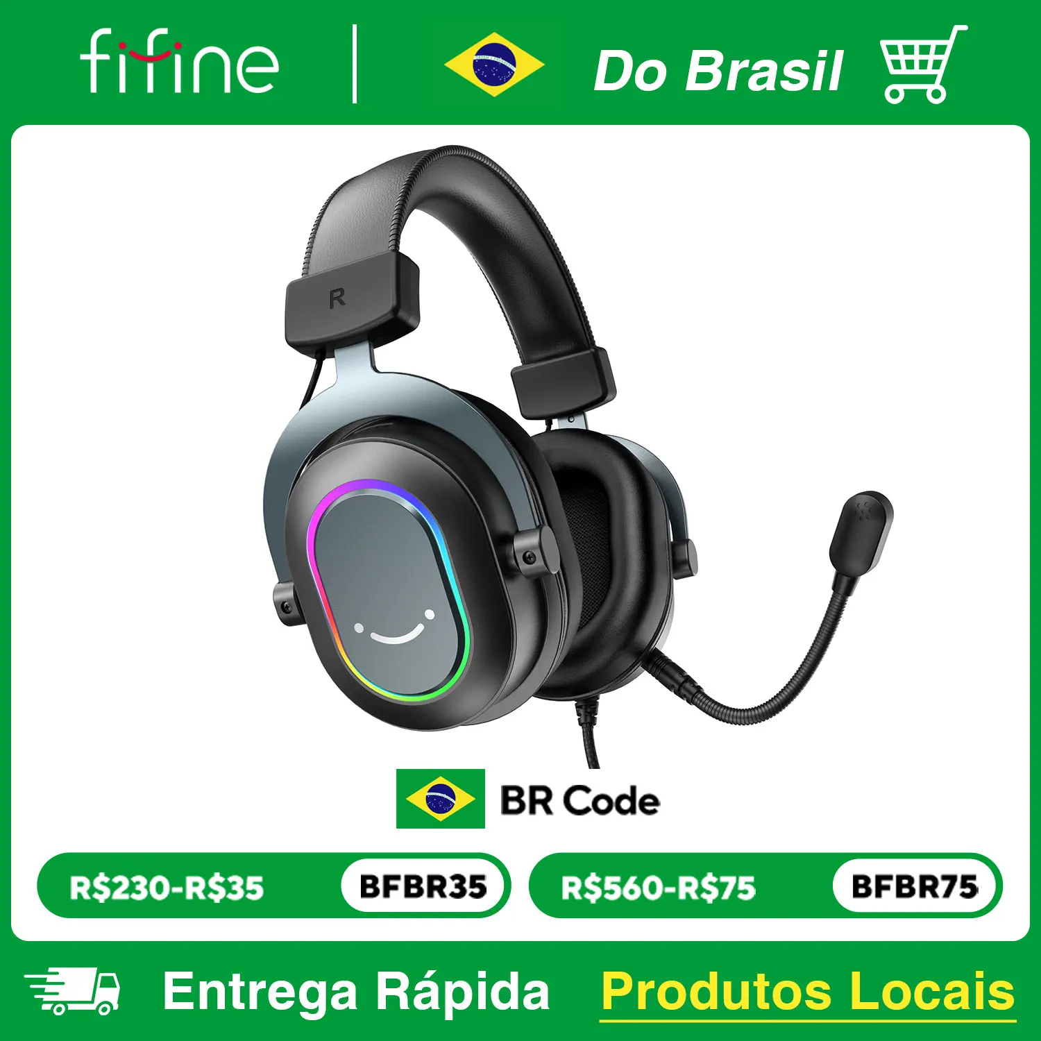 FIFINE USB Gaming Headset with 7.1 Surround Sound/Line Control/3EQ Mode,RGB Headphone with Mic,Plug and Play,for PC/PS5 -H6