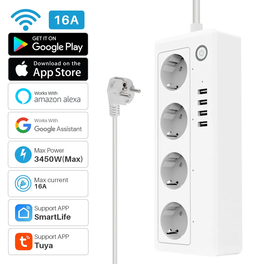 New Tuya Wifi Smart Power Strip Plug 4 EU Socket Outlets With 4 USB Port Timing Voice Control Works With Alexa Google Assistant