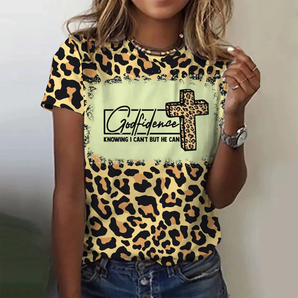 

Leopard Print Women's T-shirts Jesus Cross Pattern Short Sleeves T shirt Summer O-neck Women Clothing Tops Loose Pullover