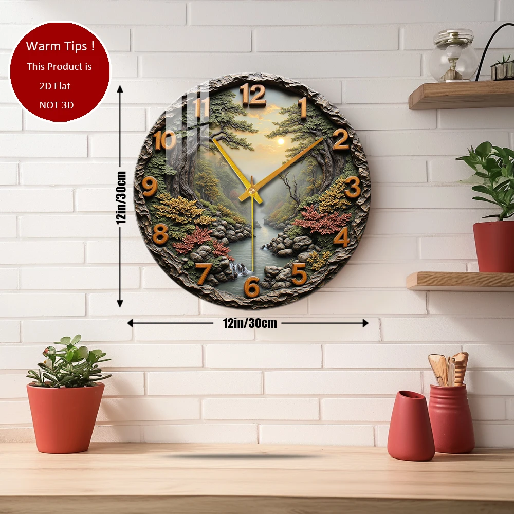 Tempered Glass Wall Clock Mountain River Scenery Clock Suitable For Wall Decor or Tabletop Display Anywhere