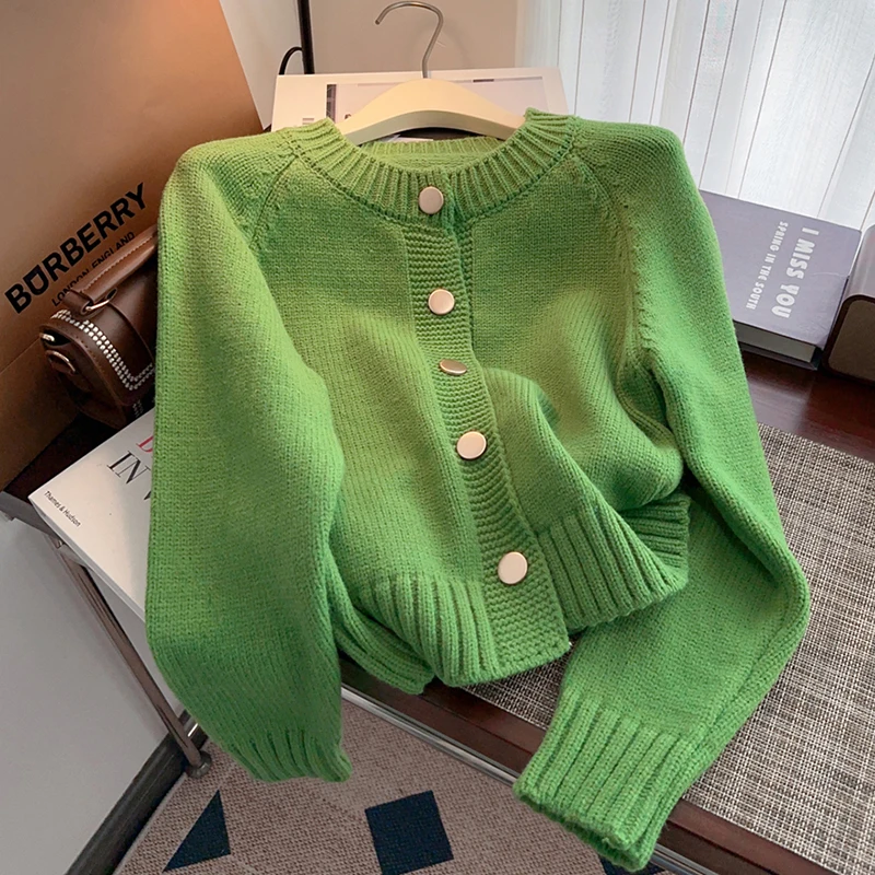 Green Retro Knitted Cardigan for Women\'s Spring Autumn New Versatile Slim Sweater Jacket Korean Casual Loose Short Top