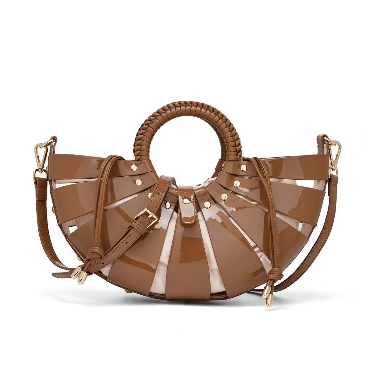 

Fashionable women's PU material hollow shell-shaped half-moon handbag new luxury design hollow rivet decorated shoulder crossbod