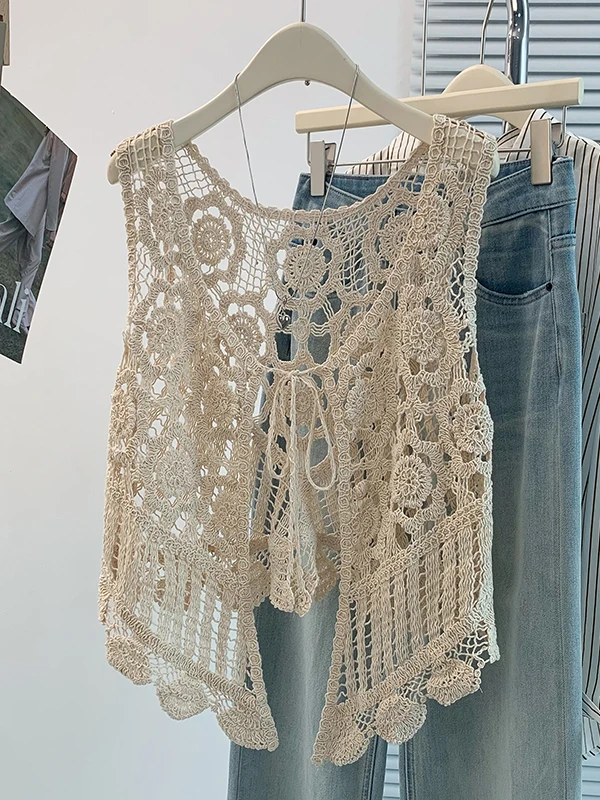 

Ladies Summer Large Size Knitted Vest Hollow out Hook Flower Design Sleeveless Open Cardigan Outerwear Fashionable City Commute