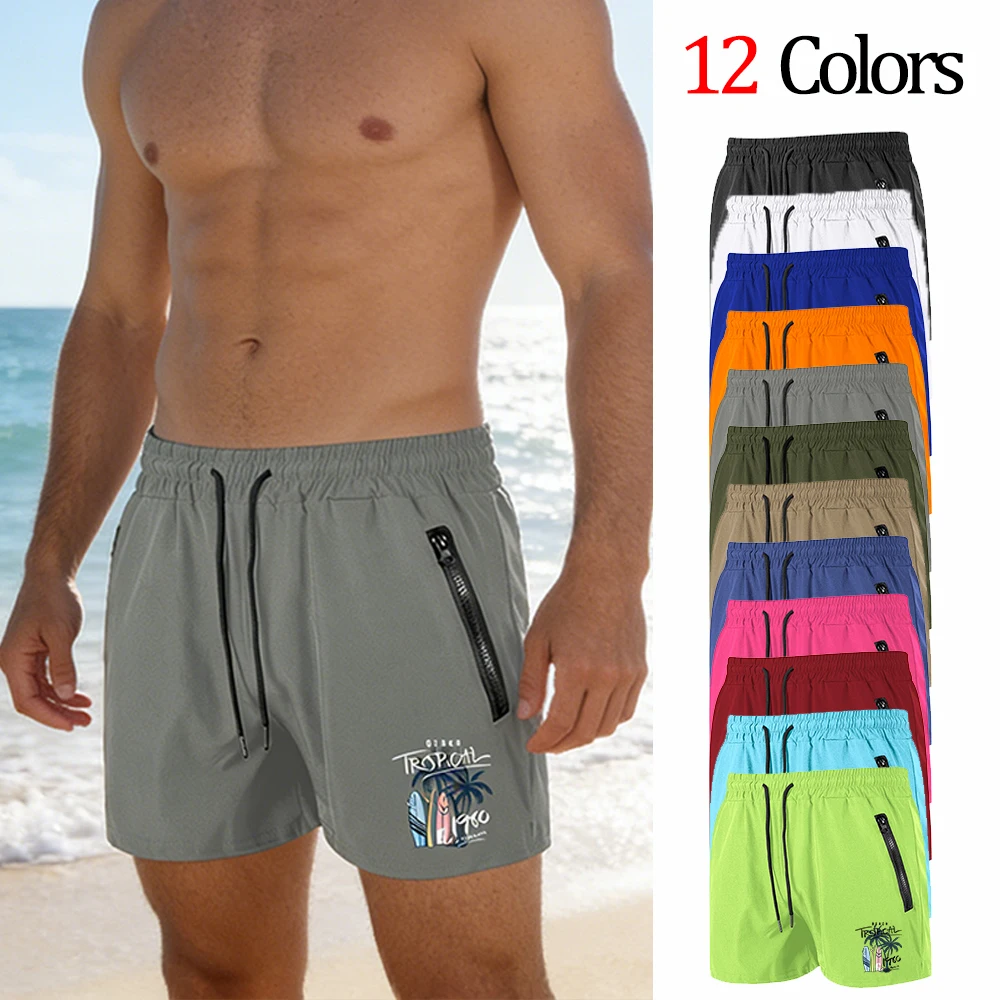 

Men's Swimming Trunks with Double Zipper Pockets Summer Quick Dry Fitness Sport Beach Shorts Tropical Beach Surfboard Print