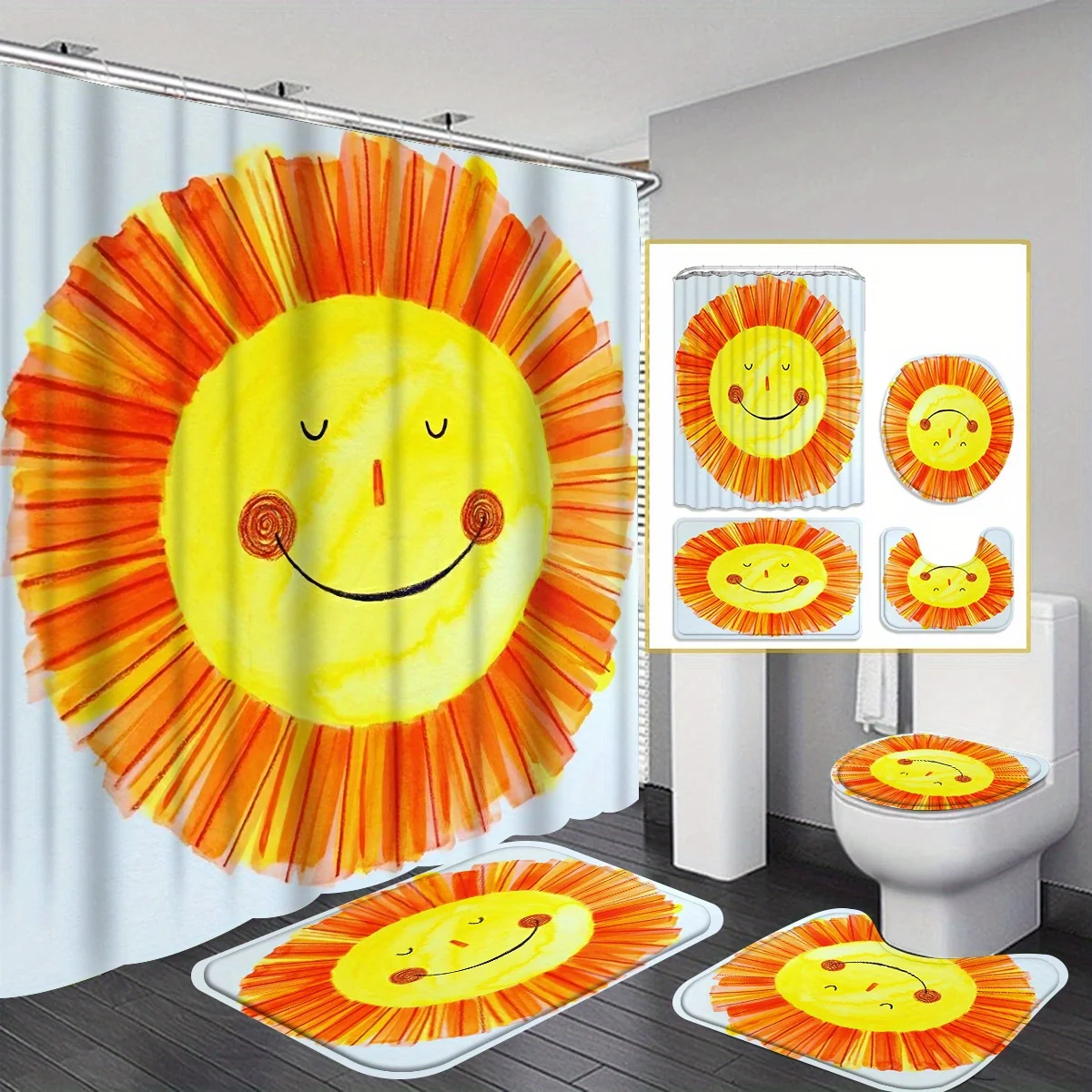 

Sunshine 4pcs Shower Curtain Set with 12 Hooks - Shower Curtain, Non-Slip Bath Mat, Toilet Seat Cover And U-Shaped Rug - Mac
