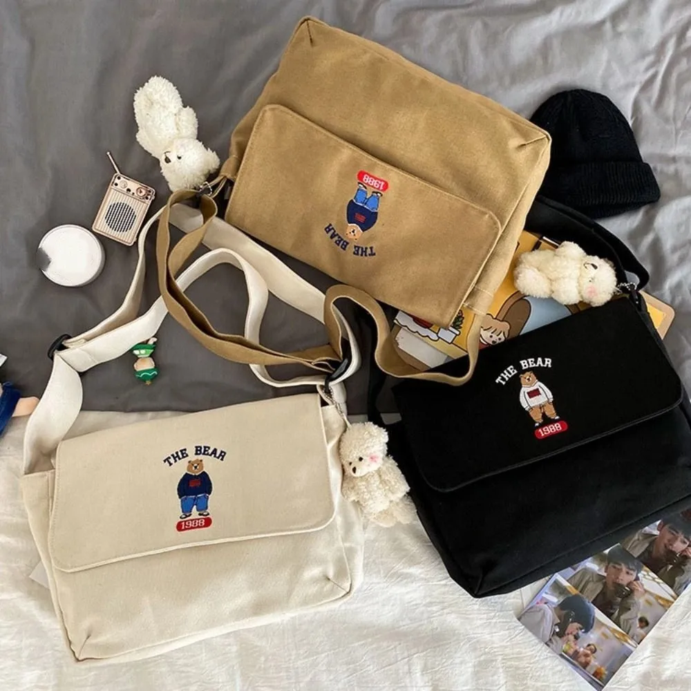 

Модная холщовая сумка через плечо с вышивкой медведя, милая большая вместительная сумка через плечо, большая сумка в японском стиле с героями мультфильмов для женщин и мужчин