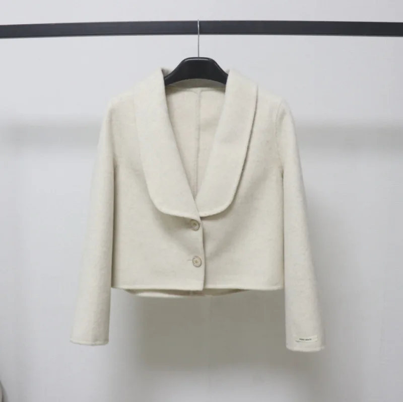 

Autumn Winter Wool V Neck Long Sleeve Short Jacket Lady Streetwear Solid Color Turn Down Collar Loose Wool Short Outwear Top