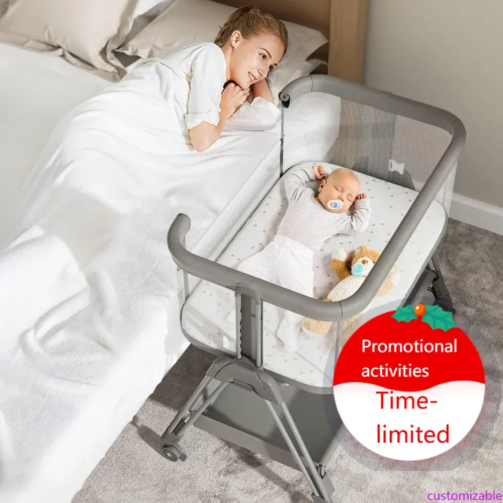 

Прикроватная колыбель для младенцев на колесиках, полностью сетчатая прикроватная кроватка с корзиной для хранения, регулируемая по высоте и простая в сборке