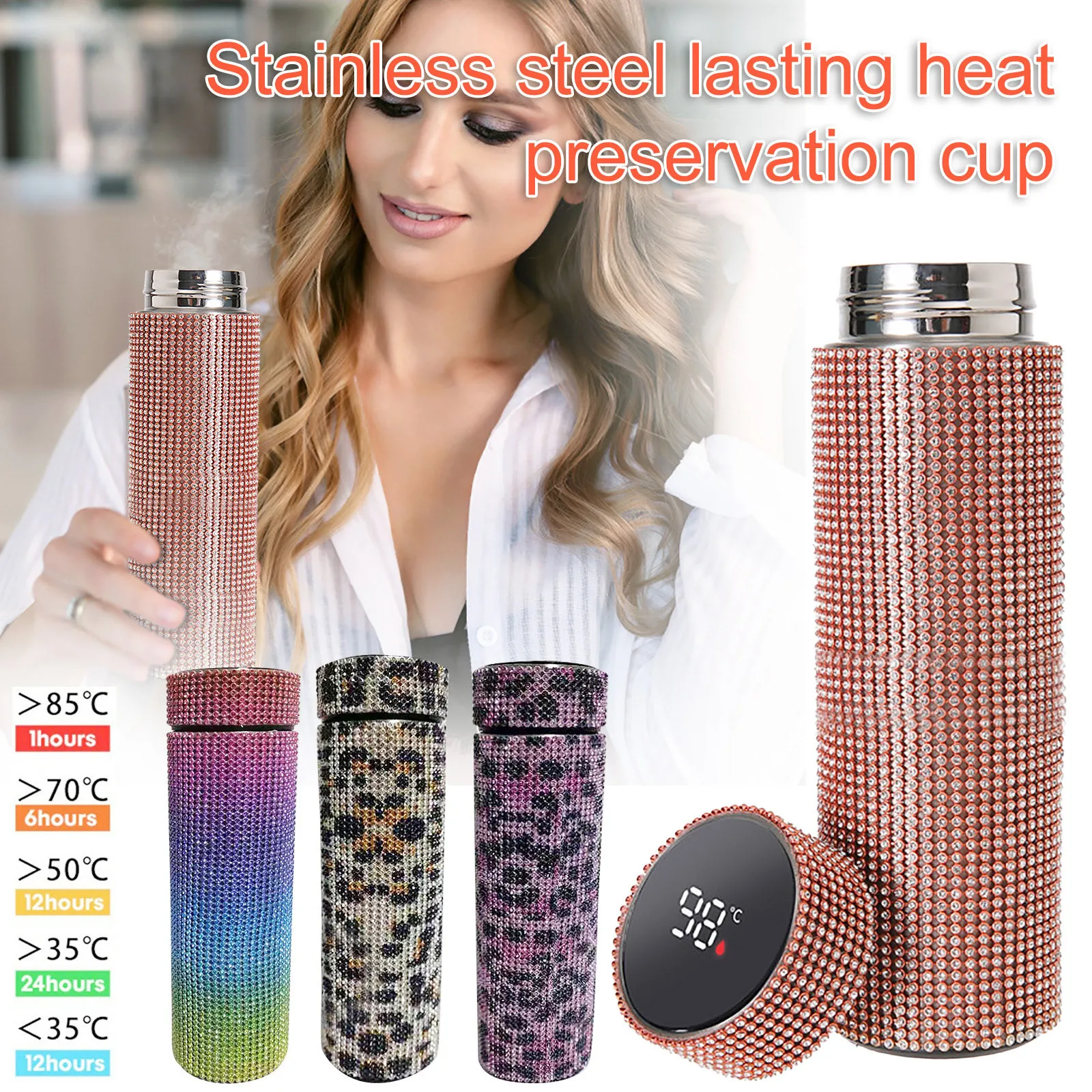 Bling Rhinestone Thermo Trending Led Smar Cup Bestseller Stainless Steel Mug Top Rated Heat Preservation Water Bottle 2026 T1