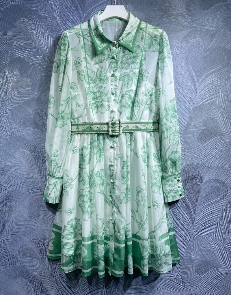 

2024 Spring Fashion Long Shirt Dress High Quality Women Turn-down Collar Green Leaves Prints Tunic Button Long Sleeve Dress Belt