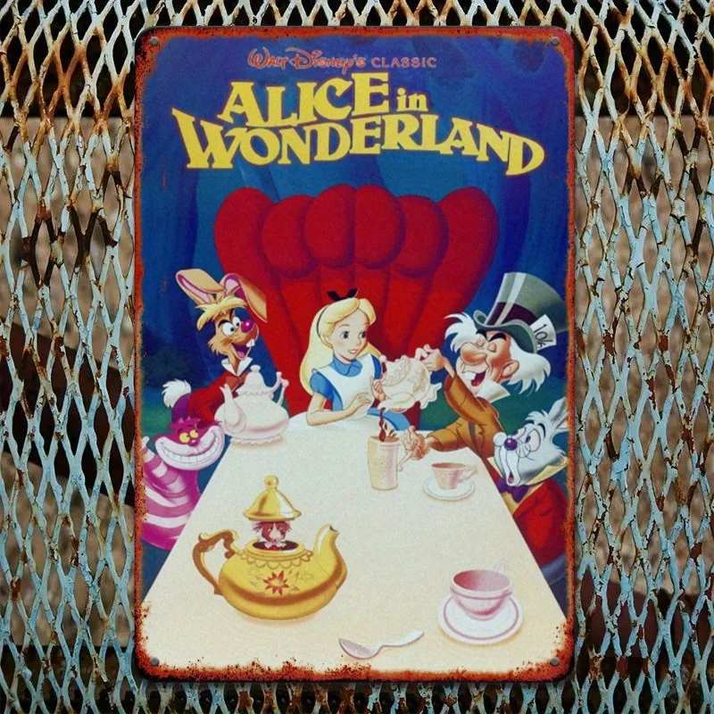 Letrero de estaño para fiesta de té de Alicia en el país de las Maravillas, arte de pared de Metal Vintage de 30x20cm con Sombrerero Loco, liebre y dormitorio de marzo, Ind duradero, 1 ud.