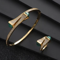 Luxury 2PCS Dubai Candy Colors Bangle Ring Sets For Women Wedding Cubic Zircon Cuff Bngle Bridal Jewelry S427