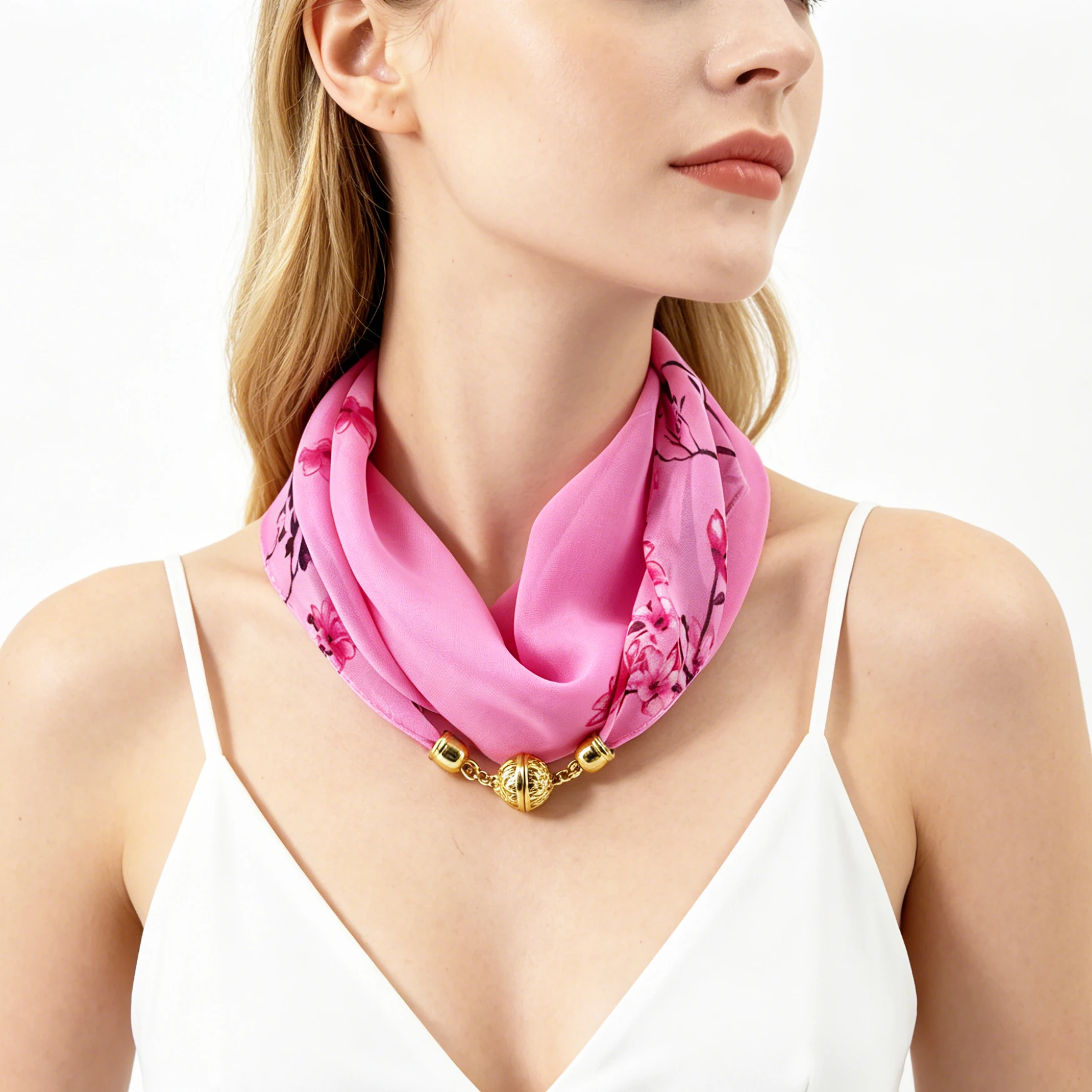 Magnetverschluss Dünner Chiffon Dekorativer Halstuch, Magnolien-Druck Halstuch, Lazy Scarf Schnell und Einfach zu Befestigendes Halstuch – Detail 4
