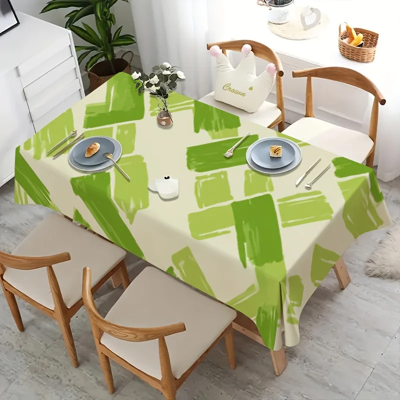 Abstract Brush Tablecloth, Off White Base With Green Block Graphic Print, Rectangular Table Cover for Dining & Kitchen Decor