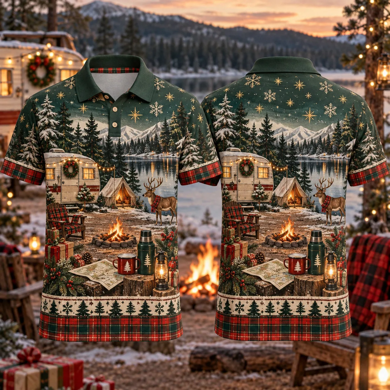 Men's Christmas Polo Shirt Forest Camping 3D All Over Print Short Sleeve Holiday Party Golf Top