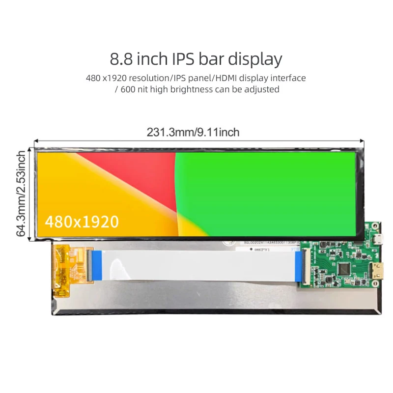 8.8 lnch 480x1920 IPS Bar LCD Panel Portable typec Raspberry PI 600 nits With Driver Board ForComputer Case Secondary Screen