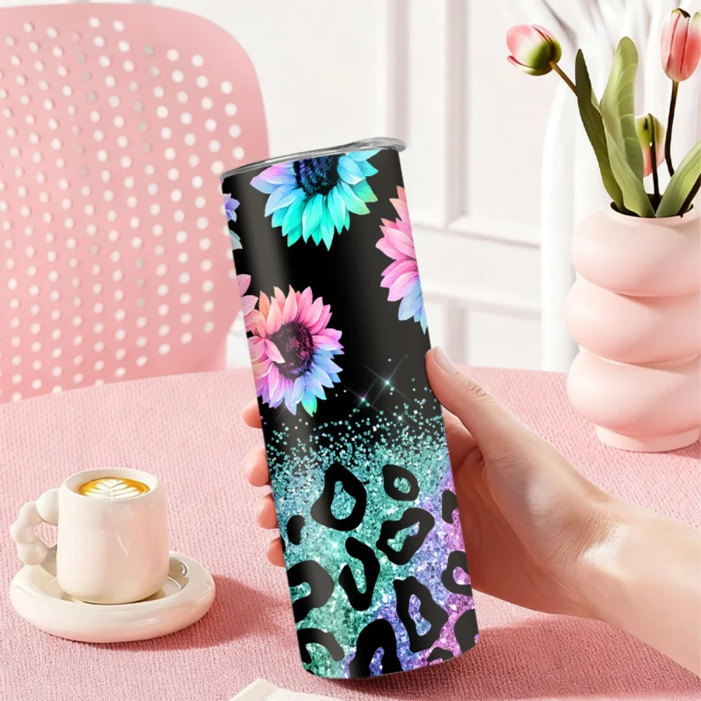 1pc 20oz straw water bottle, insulated stainless steel water cup with colorful sunflower and leopard print background.