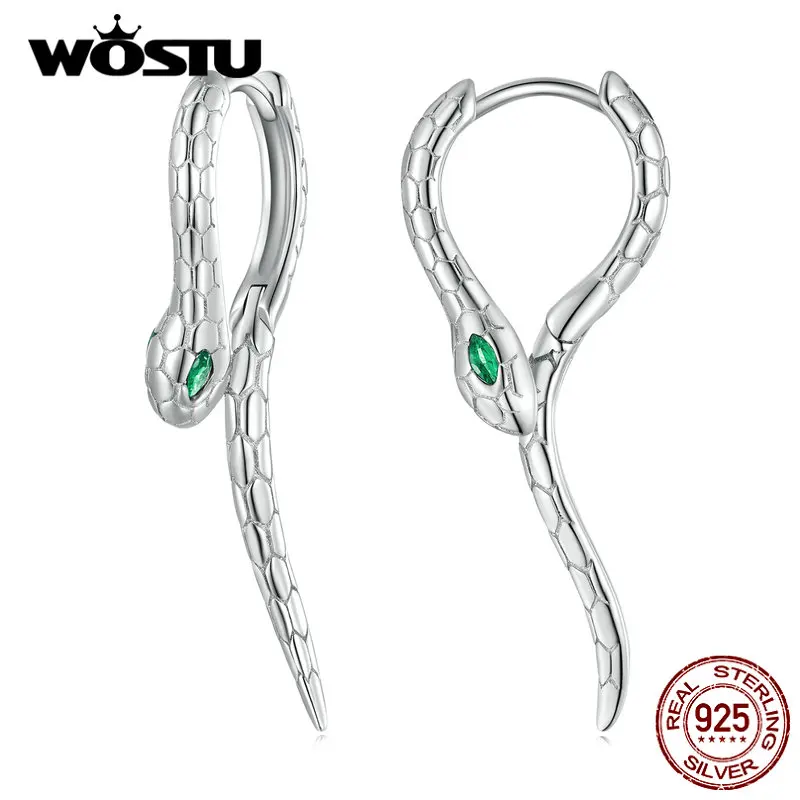 WOSTU Original 925 Sterling Silver Snake Ear Clips Green Zircon Eye Animal Ear Hoop High Quality Jewelry Wedding Party Gift