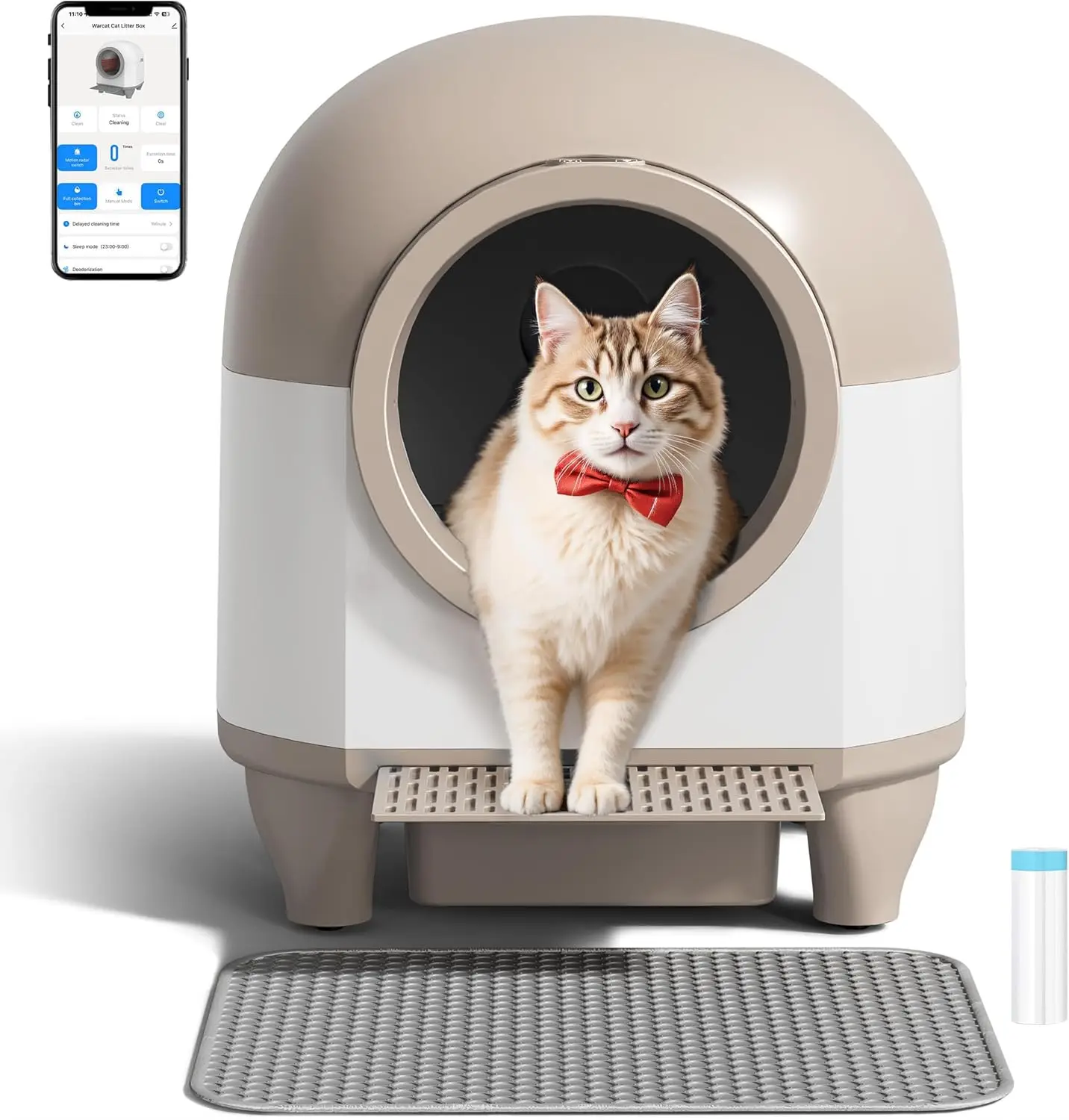 

Автоматический самоочищающийся лоток для кошек с управлением через приложение, 90 л, умные датчики, защитный коврик, рулон мешков для мусора, для нескольких кошек