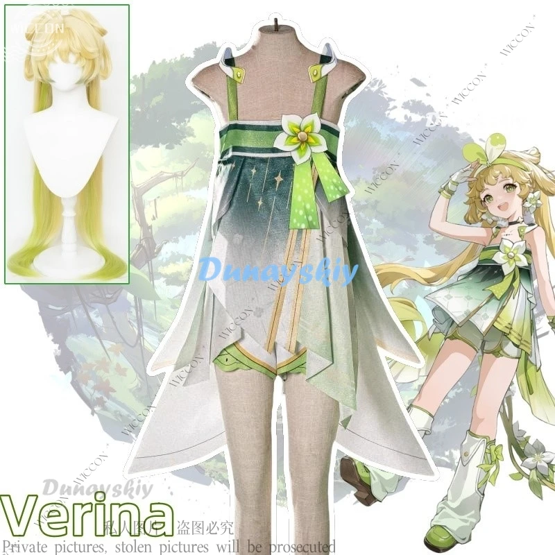 Verina Wuthering Waves Cosplay Costume Wig Long Hair Game Botanist Cute New Role Play Woman Halloween Party Green Women Props