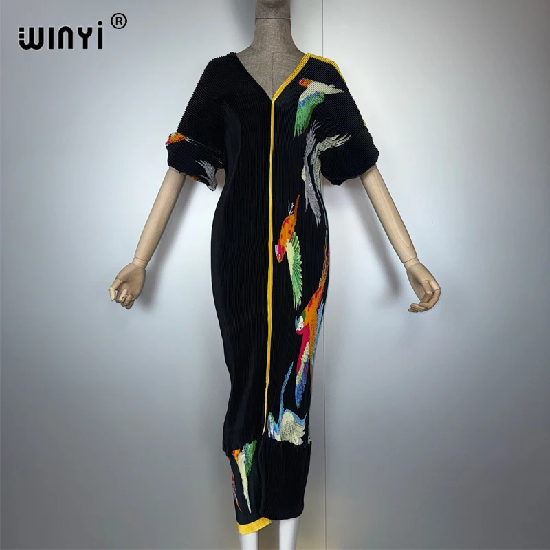 

WINYI плиссированное эластичное тонкое платье, повседневное пляжное платье, мусульманский женский кафтан, Абая, Дубай, роскошное длинное пуховое вечернее платье в стиле бохо