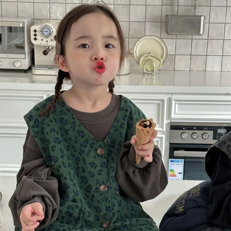 

Жилет для девочек и мальчиков, осень-весна 202, детская одежда, модная модная винтажная вельветовая свободная верхняя одежда с леопардовым принтом, жилет