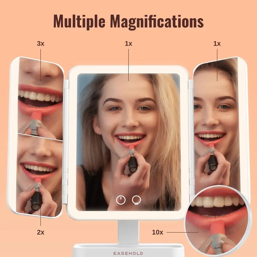 กระจกแต่งหน้าแบบมีไฟพร้อมกำลังขยาย, กระจกแต่งหน้าแบบมีไฟ, กระจกขยาย 2X 3X 10X, กระจก LED แบบชาร์จไฟได้ 3 สี