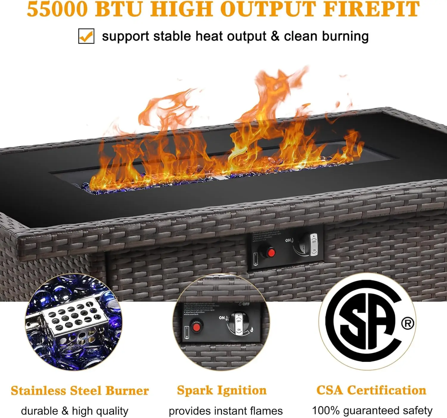 Outdoor Propane Gas Fire Pit Table, 55000 BTU, Rectangular with Glass Wind Guard for Patio, Deck, Garden, Backyard view 2