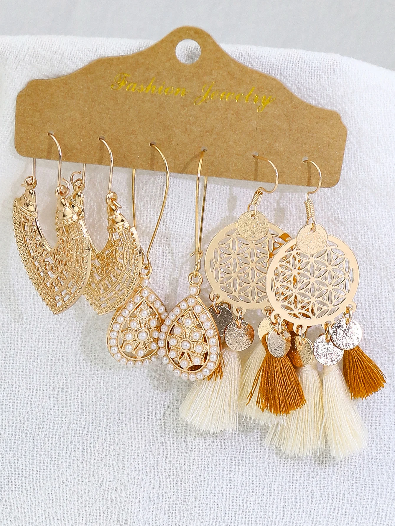 Trendy Versatile Golden Circle Fashionable White Tassel Shell Earrings&Earstuds Combination For Women to Wear Little Fresh