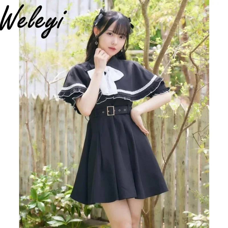 

Kawaii Lolita Short Sleeve Dresses Women's 2024 Spring and Summer Streetwear New College Style Ruffled Waist Cape Princess Dress