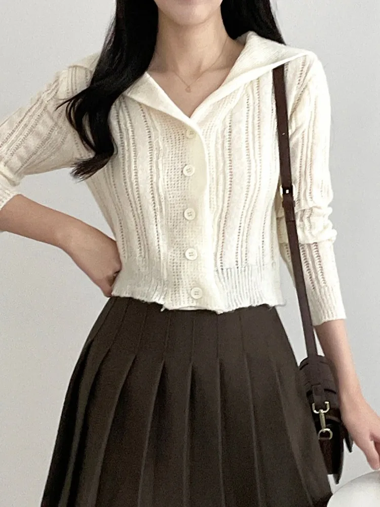 

Slim Fit Long Sve Knitted Navy Collar Open Cardigan Women's Vintage Hong Kong Sle Pure Desire Sweater Sun Protection Out...