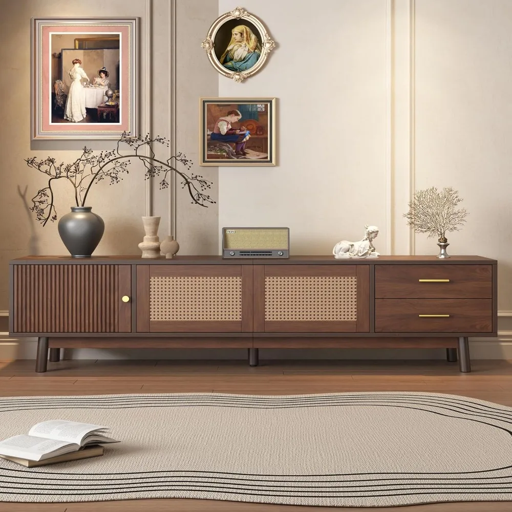 حامل تلفزيون بني مع مساحة تخزين، حامل تلفزيون بني من خشب الجوز لأجهزة التلفاز حتى 63 بوصة حتى 80 بوصة، حامل تلفزيون حديث في منتصف القرن مع طاقة