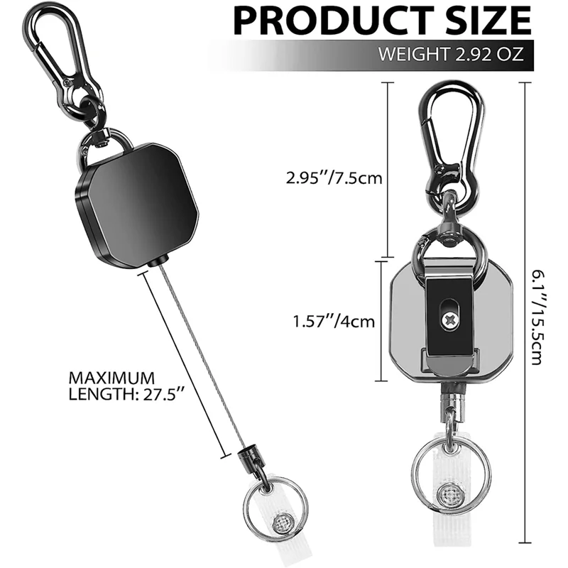 AEE7-Keychain Heavy Duty Metal ID Badge Holder Key Reel Carabiner Keychain With Belt Clip