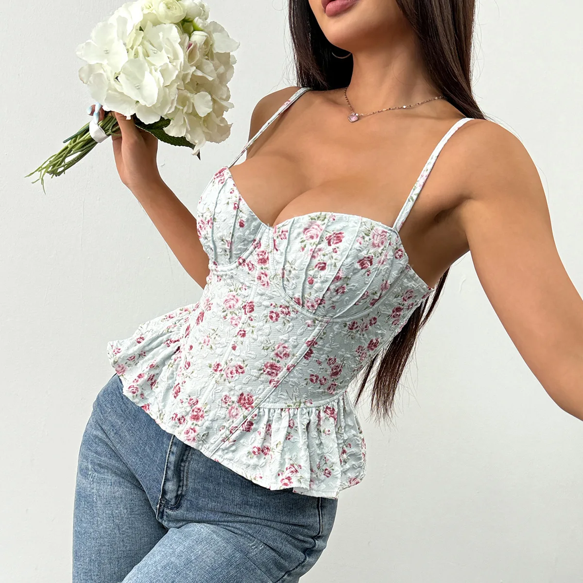 

2025 Woman Clothing Top Women T-shirt Tank Top Female New Sexy Backless Tie-Up Wrap Top with Irregular Ruffles and Floral Print