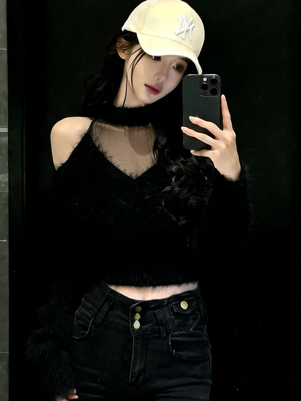 

Женский свитер с открытыми плечами, новинка 2026 года, люксовый, в стиле Pure Desire, элегантный, с длинными рукавами, вязаный топ в корейском стиле