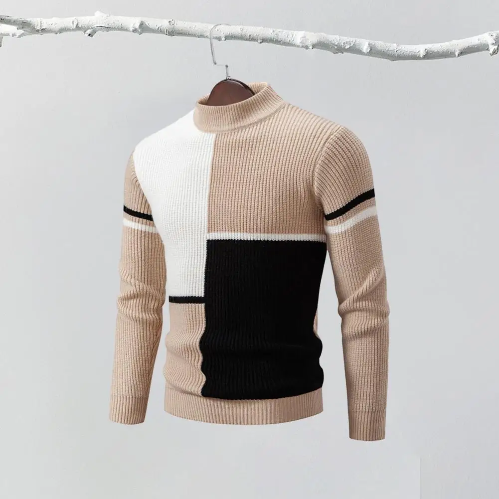 

High Elasticity Top Colorblock Knitted Men's Sweater with Half-high Collar Slim Fit Warmth for Fall Winter High Elasticity