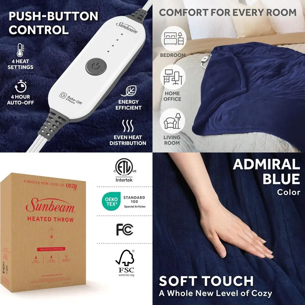 

Luxurious Microplush Electric Blanket, 4 Heat Levels, Auto-Off, Fast Warm, 50x60 Admiral Blue