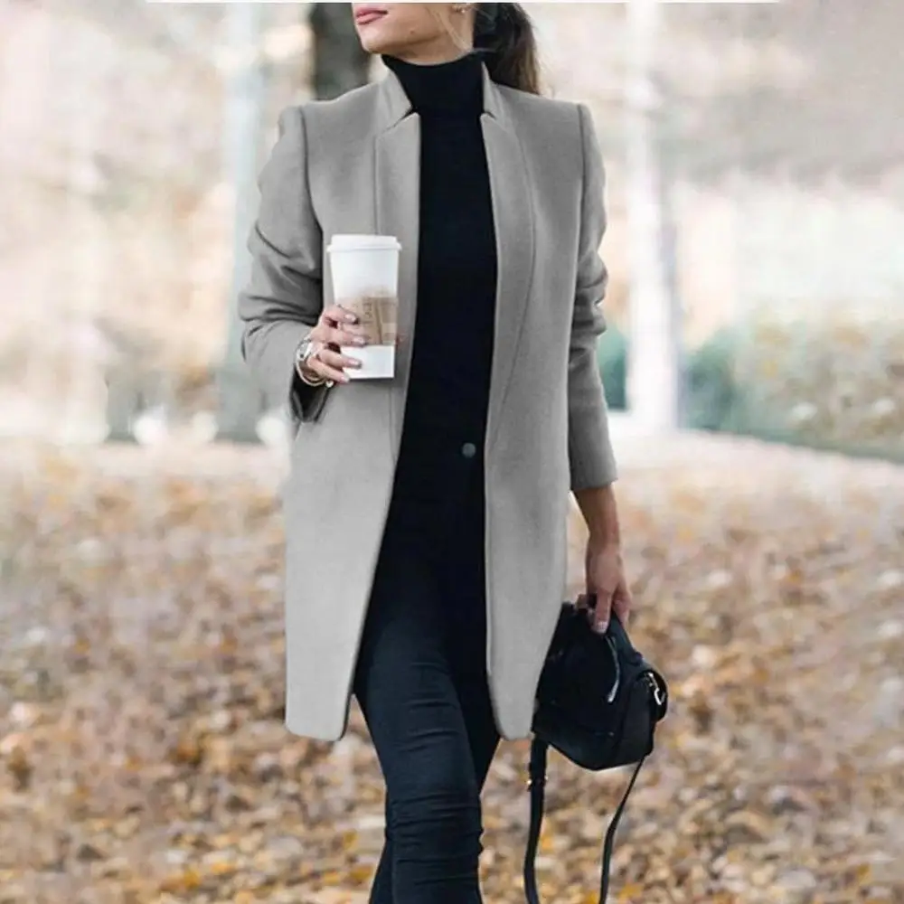 Office Lady Autumn Winter Women Jackets Blends Solid Color Stand Collar Women Blends Jacket Woolen Long Coat Plus Size Cardigan - Image 4