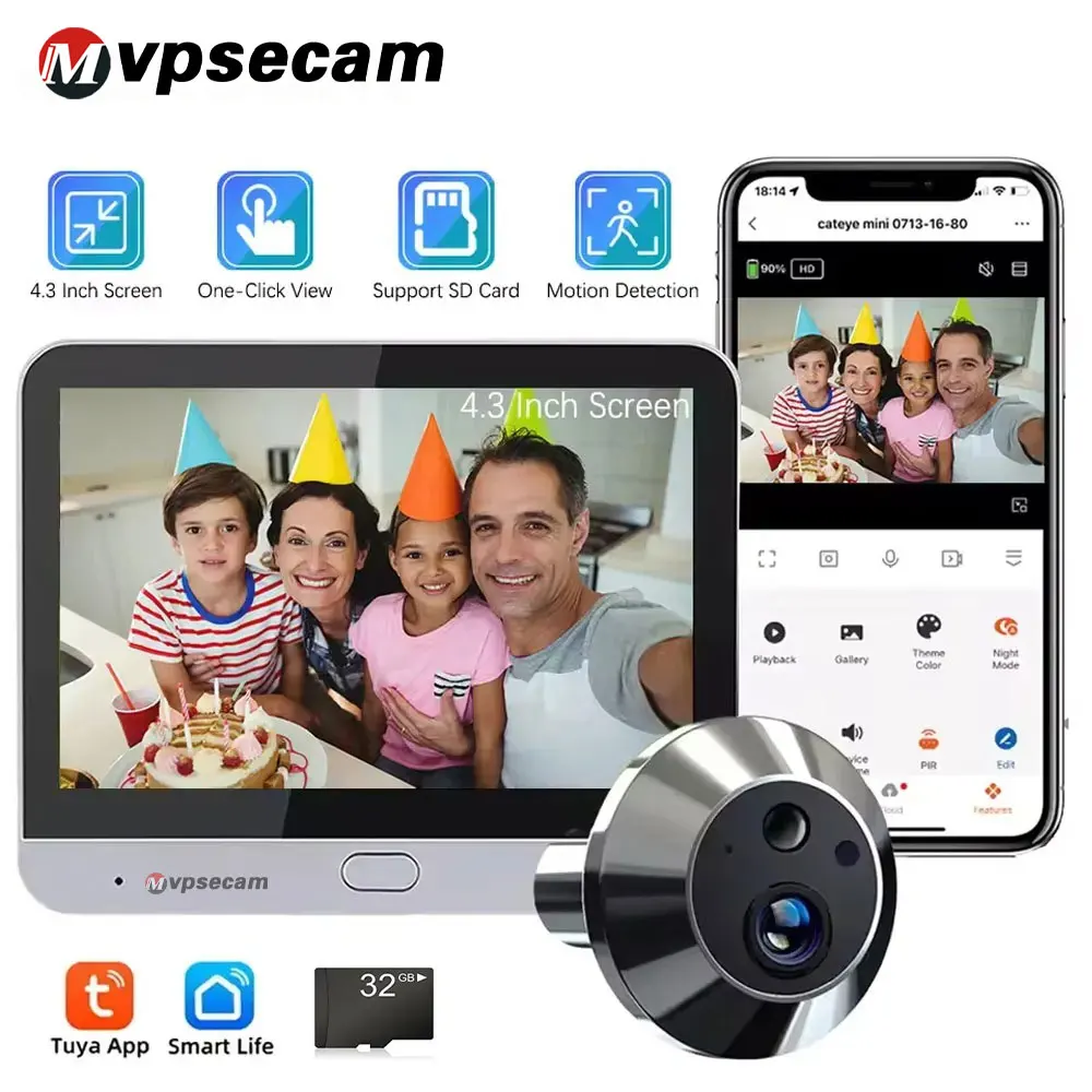 

Мини Wi-Fi TUYA 5MP4,3-дюймовая радионяня, домашняя двусторонняя видеолента, дисплеи видеодвери и окна, безопасность ночного видения
