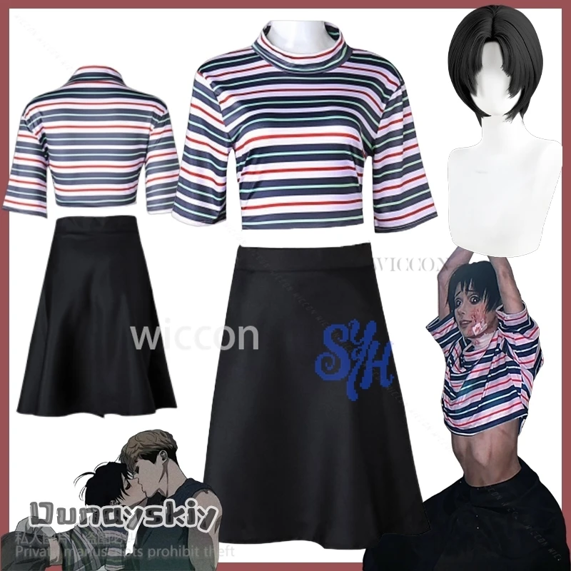 

Killing Anime Stalking Cosplay Costume Striped Loose Tshirt Y2K Jirai Kei Uniform Black Dress Goth Horror Yoo Bu Halloween Party