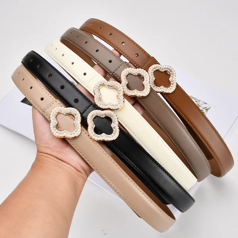 Fashion Flower Rhinestone Buckle Waist Belt for Women Plain Pattern Jeans Belt Casual Femme Cinturones Luxury Cow Leather Belts