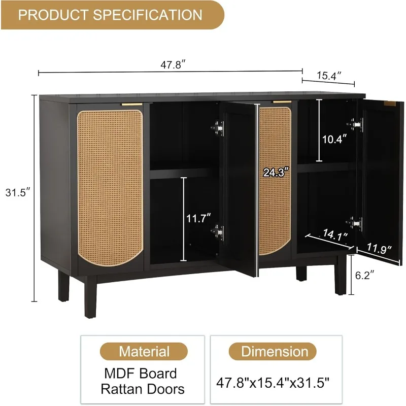 Sideboard Buffet Cabinet 4 Rattan Doors,Accent Storage Cabinet Shelves,Free Standing TV Console Table,Modern Cabinet for Kitchen