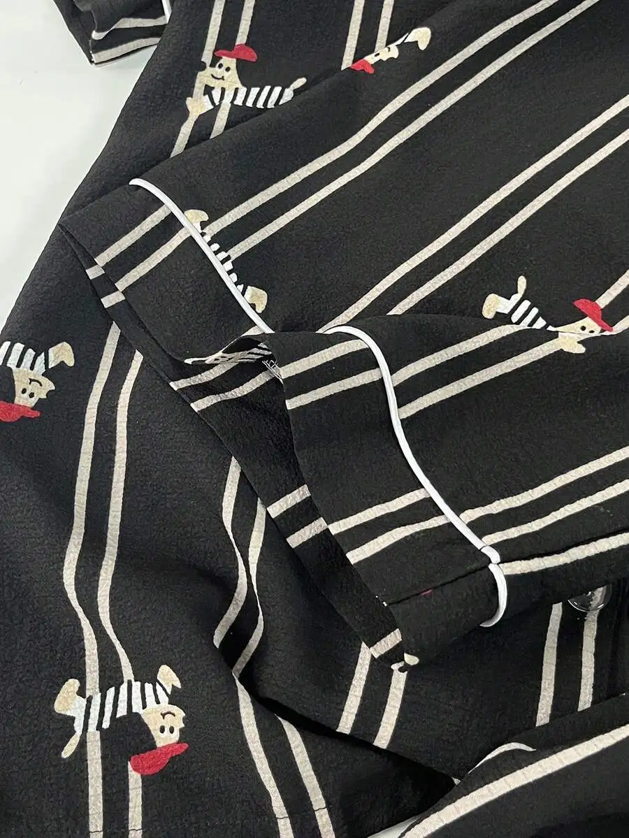

Womens Striped Cartoon Dog Print Pajama Set Short Sleeve Top And Long Pants Comfortable Loose Sleepwear